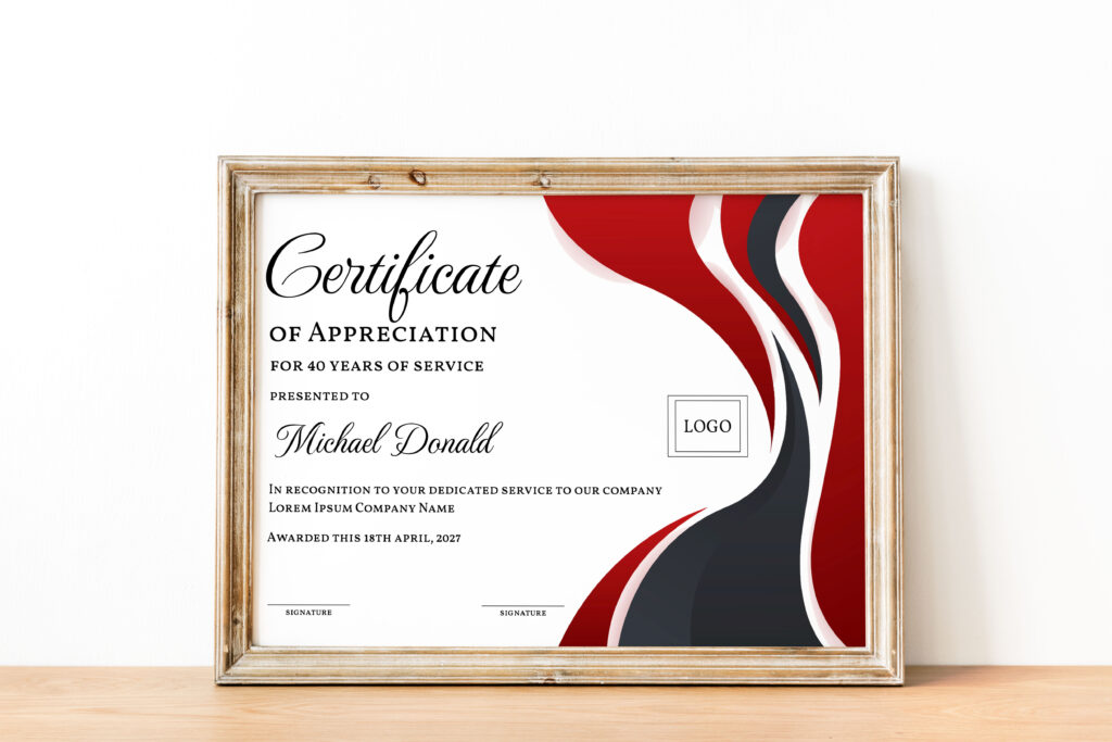 Years of Service Certificate of Appreciation Template, Editable